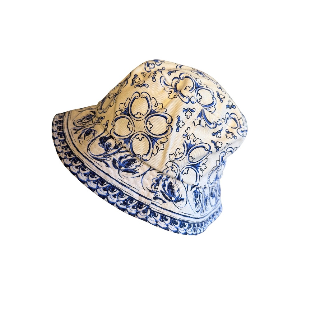 Coney Island Picnic Bucket Hat Blue White Tile Print Baroque Cotton Summer Hat